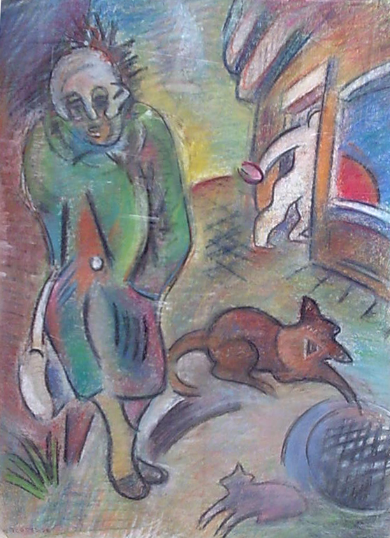 Woman with dog and cat pastel